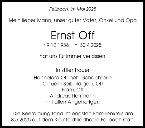 Traueranzeige von Ernst Off von Stuttgarter Zeitung / Stuttgarter Nachrichten