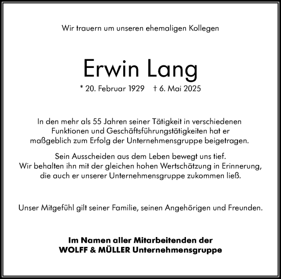 Traueranzeige von Erwin Lang von Stuttgarter Zeitung / Stuttgarter Nachrichten