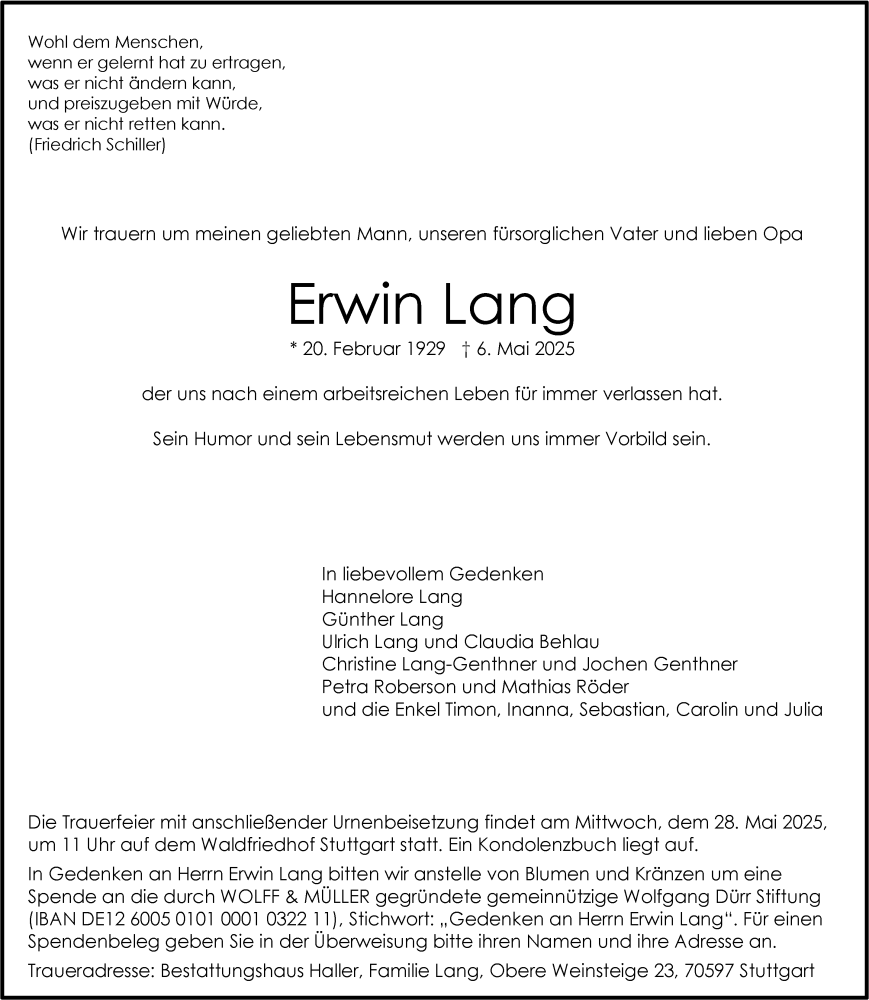  Traueranzeige für Erwin Lang vom 10.05.2025 aus Stuttgarter Zeitung / Stuttgarter Nachrichten