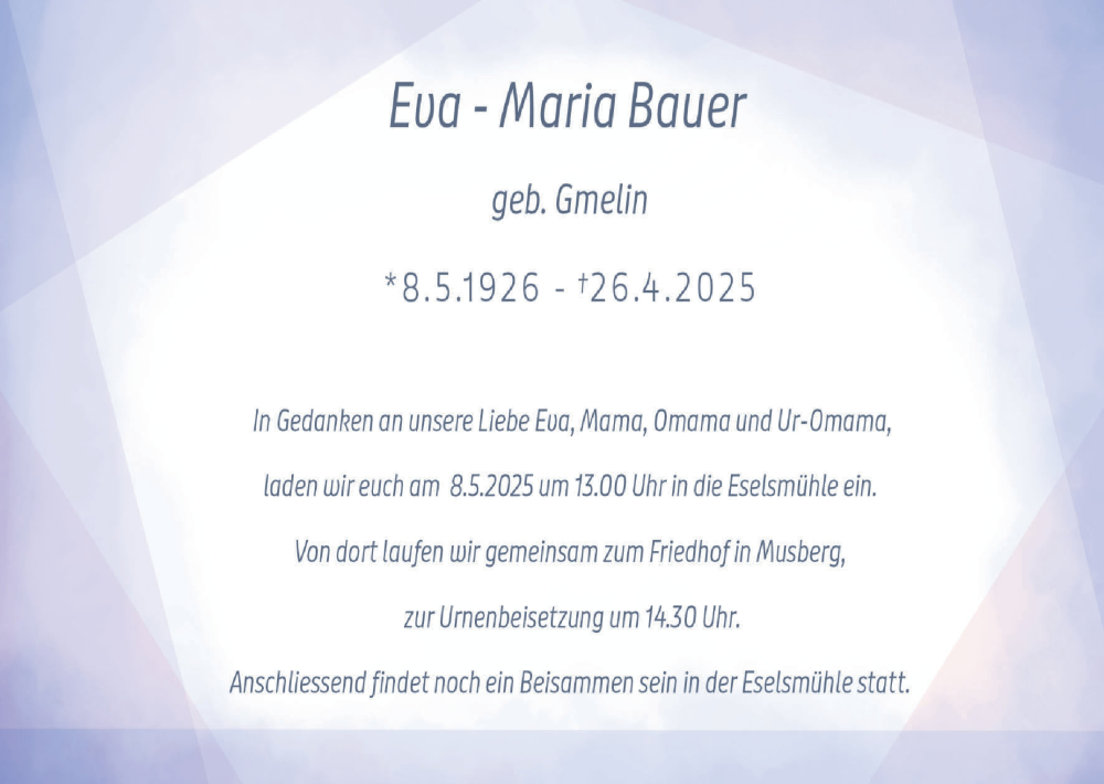  Traueranzeige für Eva-Maria Bauer vom 03.05.2025 aus Stuttgarter Zeitung / Stuttgarter Nachrichten