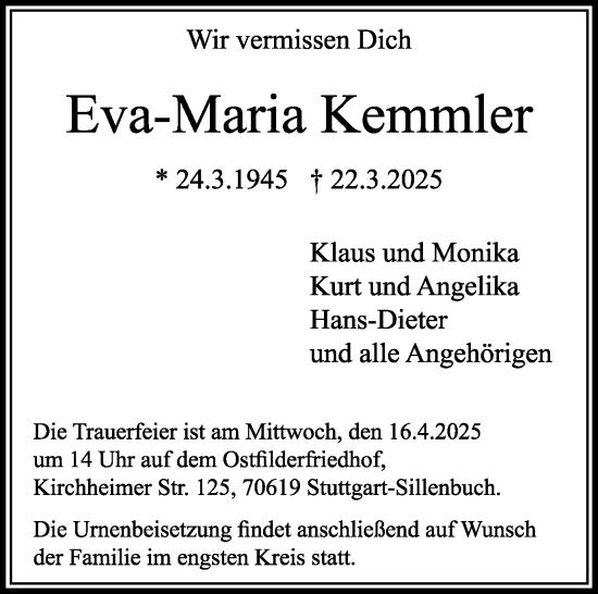 Traueranzeige von Eva-Maria Kemmler von Stuttgarter Zeitung / Stuttgarter Nachrichten