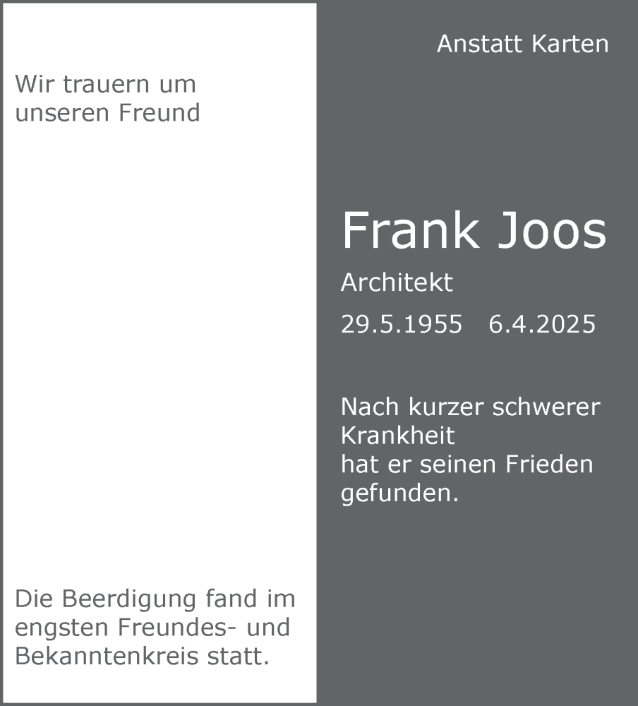  Traueranzeige für Frank Joos vom 16.04.2025 aus Stuttgarter Zeitung / Stuttgarter Nachrichten
