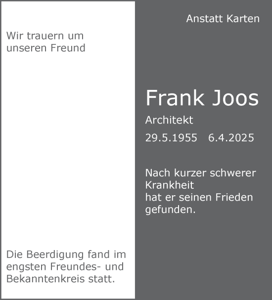 Traueranzeige von Frank Joos von Stuttgarter Zeitung / Stuttgarter Nachrichten