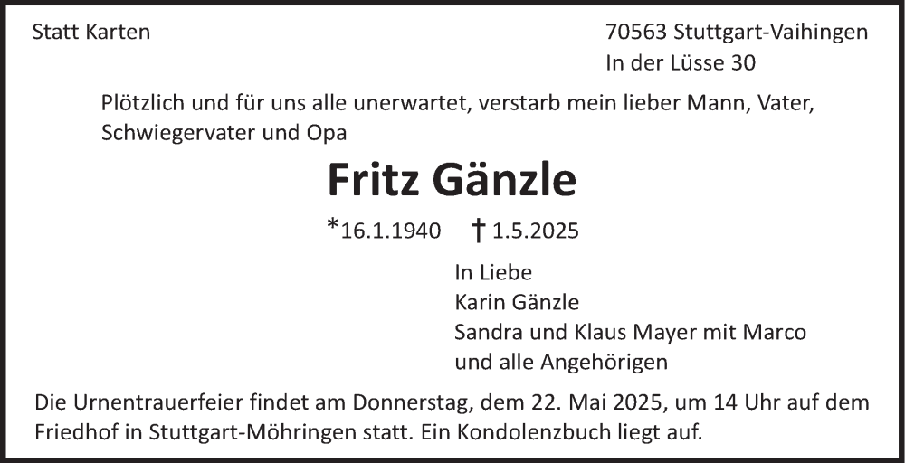  Traueranzeige für Fritz Gänzle vom 17.05.2025 aus Stuttgarter Zeitung / Stuttgarter Nachrichten