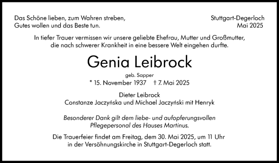 Traueranzeige von Genia Leibrock von Stuttgarter Zeitung / Stuttgarter Nachrichten