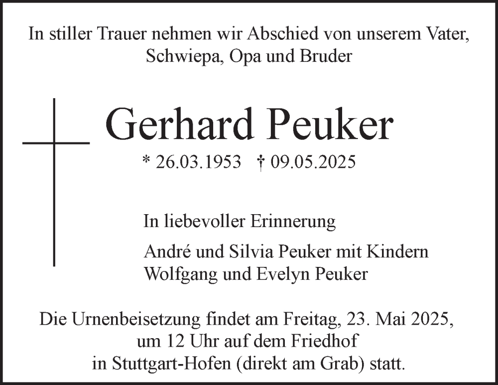 Traueranzeige für Gerhard Peuker vom 17.05.2025 aus Stuttgarter Zeitung / Stuttgarter Nachrichten