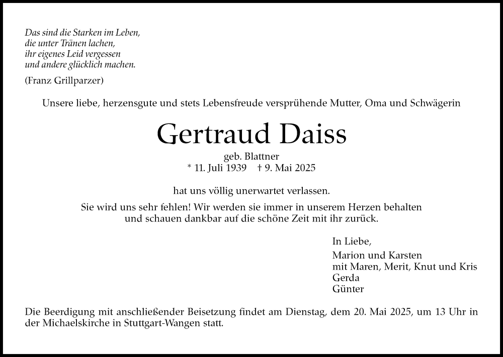  Traueranzeige für Gertraud Daiss vom 17.05.2025 aus Stuttgarter Zeitung / Stuttgarter Nachrichten