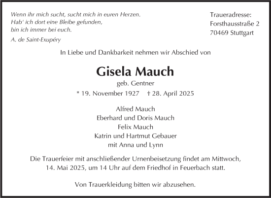 Traueranzeige von Gisela Mauch von Stuttgarter Zeitung / Stuttgarter Nachrichten