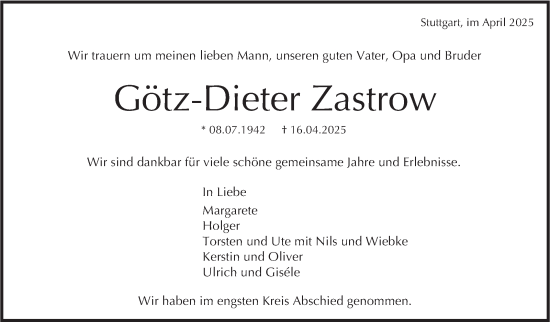 Traueranzeige von Götz-Dieter Zastrow von Stuttgarter Zeitung / Stuttgarter Nachrichten