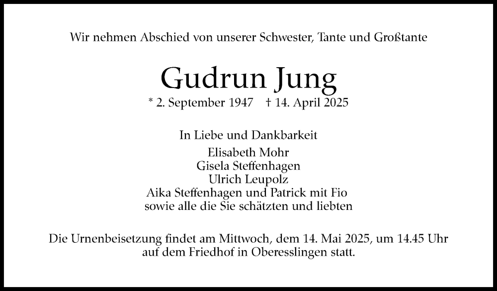  Traueranzeige für Gudrun Jung vom 03.05.2025 aus Stuttgarter Zeitung / Stuttgarter Nachrichten