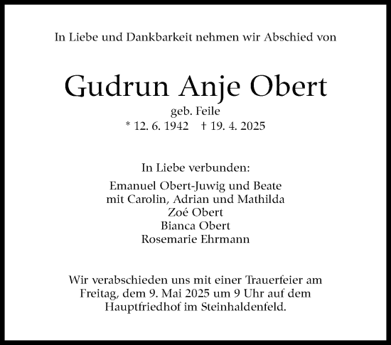 Traueranzeige von Gudrun Anje Obert von Stuttgarter Zeitung / Stuttgarter Nachrichten
