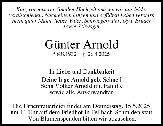 Traueranzeige von Günter Arnold von Stuttgarter Zeitung / Stuttgarter Nachrichten