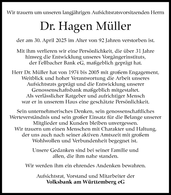 Traueranzeige von Hagen Müller von Stuttgarter Zeitung / Stuttgarter Nachrichten