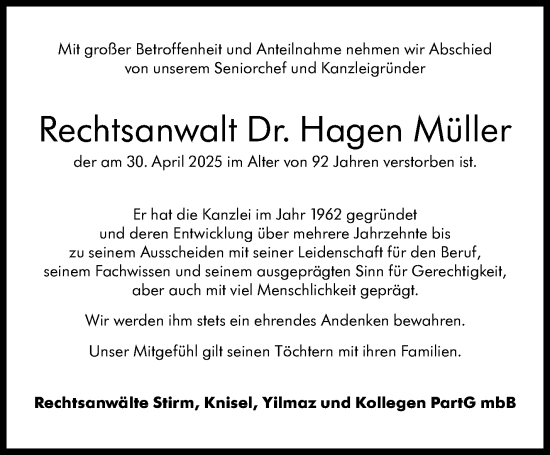 Traueranzeige von Hagen Müller von Stuttgarter Zeitung / Stuttgarter Nachrichten