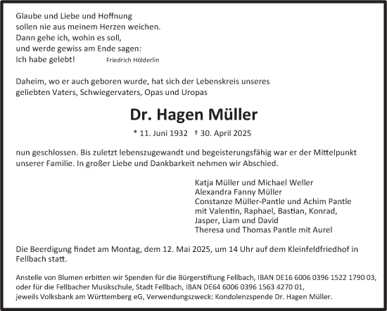 Traueranzeige von Hagen Müller von Stuttgarter Zeitung / Stuttgarter Nachrichten