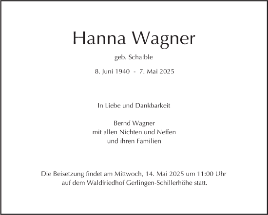 Traueranzeige von Hanna Wagner von Stuttgarter Zeitung / Stuttgarter Nachrichten