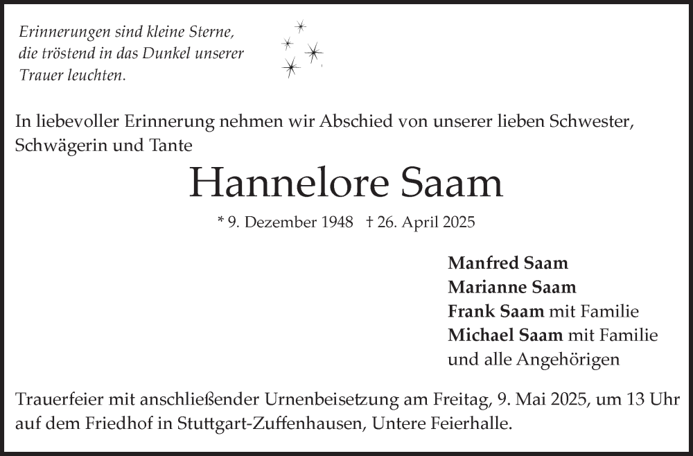  Traueranzeige für Hannelore Saam vom 08.05.2025 aus Stuttgarter Zeitung / Stuttgarter Nachrichten