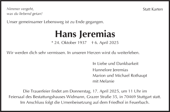 Traueranzeige von Hans Jeremias von Stuttgarter Zeitung / Stuttgarter Nachrichten