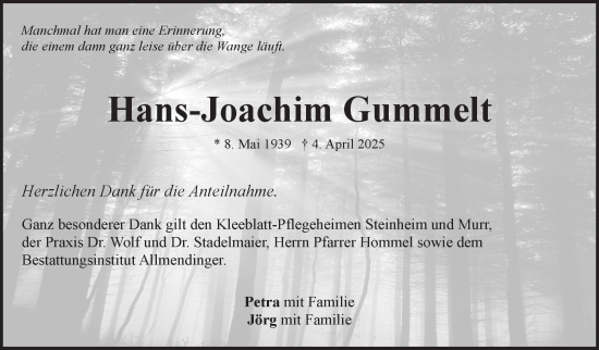 Traueranzeige von Hans-Joachim Gummelt von Stuttgarter Zeitung / Stuttgarter Nachrichten