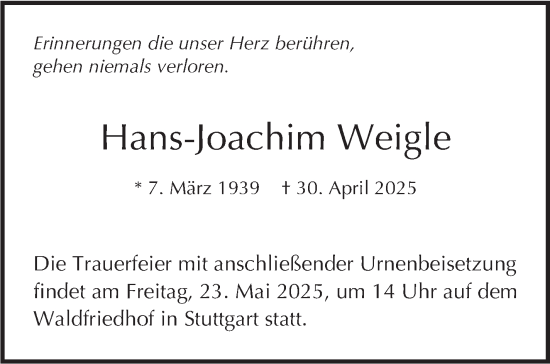 Traueranzeige von Hans-Joachim Weigle von Stuttgarter Zeitung / Stuttgarter Nachrichten