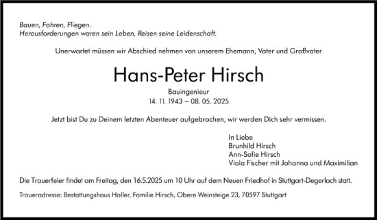 Traueranzeige von Hans-Peter Hirsch von Stuttgarter Zeitung / Stuttgarter Nachrichten