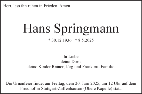 Traueranzeige von Hans Springmann von Stuttgarter Zeitung / Stuttgarter Nachrichten
