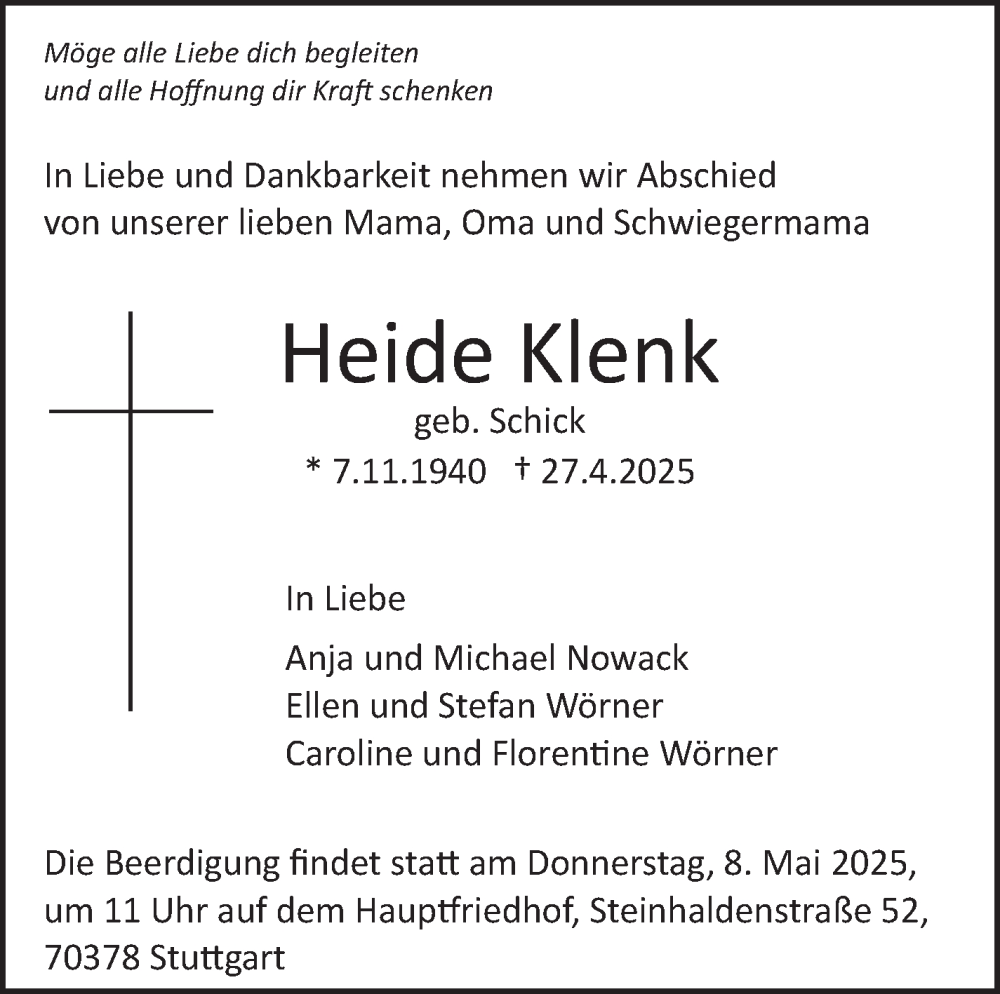  Traueranzeige für Heide Klenk vom 03.05.2025 aus Stuttgarter Zeitung / Stuttgarter Nachrichten