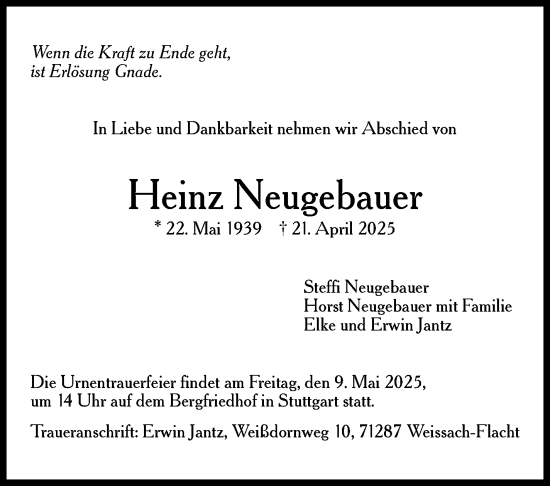 Traueranzeige von Heinz Neugebauer von Stuttgarter Zeitung / Stuttgarter Nachrichten