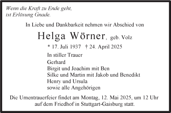 Traueranzeige von Helga Wörner von Stuttgarter Zeitung / Stuttgarter Nachrichten