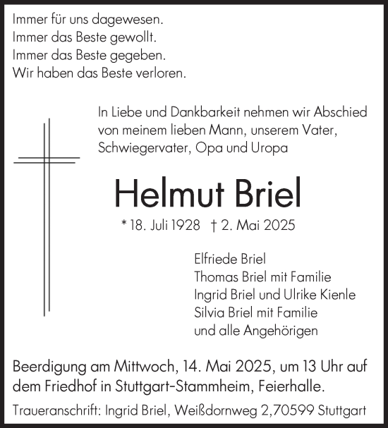 Traueranzeige von Helmut Briel von Stuttgarter Zeitung / Stuttgarter Nachrichten