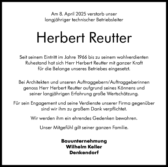 Traueranzeige von Herbert Reutter von Stuttgarter Zeitung / Stuttgarter Nachrichten