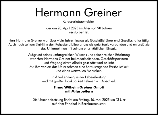 Traueranzeige von Hermann Greiner von Stuttgarter Zeitung / Stuttgarter Nachrichten