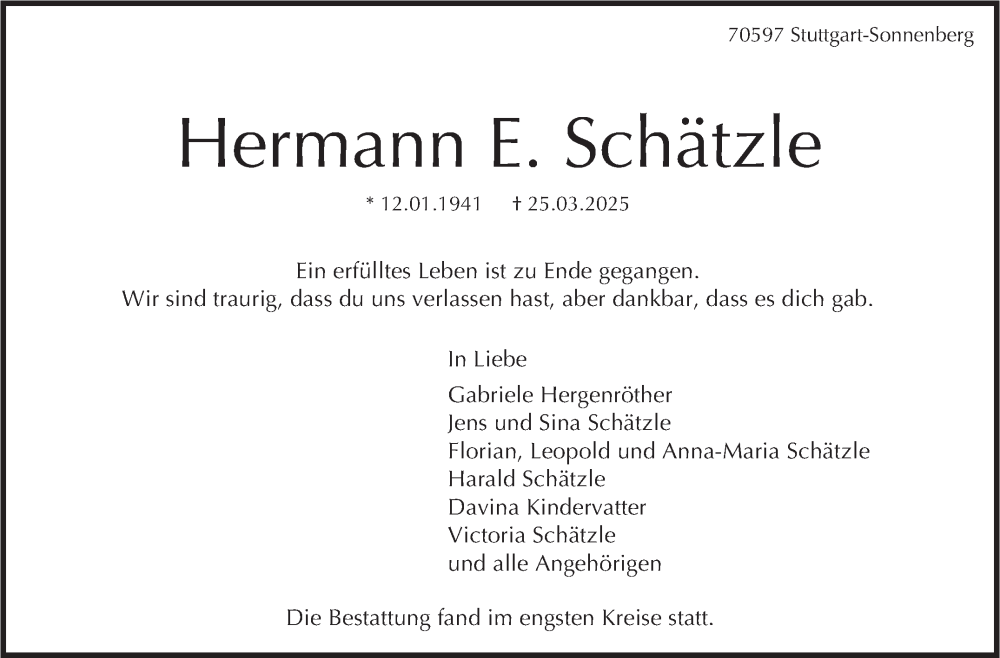  Traueranzeige für Hermann E. Schätzle vom 12.04.2025 aus Stuttgarter Zeitung / Stuttgarter Nachrichten