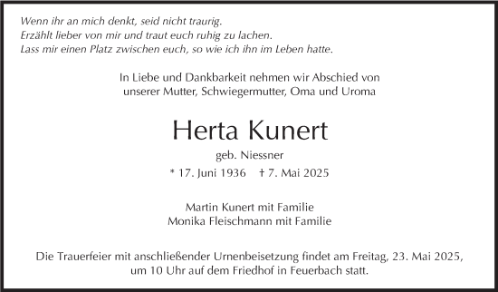 Traueranzeige von Herta Kunert von Stuttgarter Zeitung / Stuttgarter Nachrichten