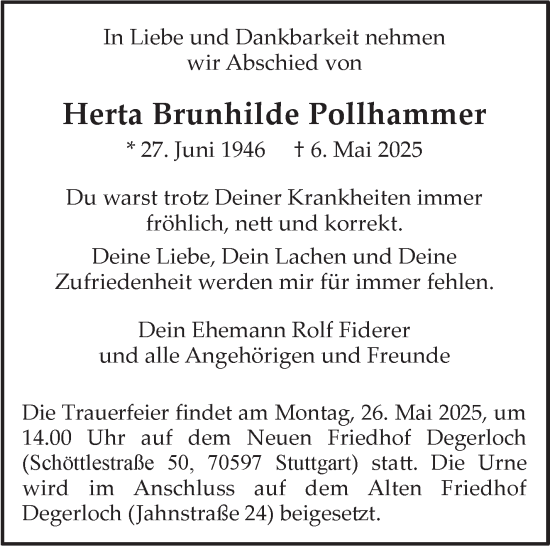 Traueranzeige von Herta Brunhilde Pollhammer von Stuttgarter Zeitung / Stuttgarter Nachrichten