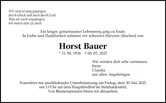 Traueranzeige von Horst Bauer von Stuttgarter Zeitung / Stuttgarter Nachrichten