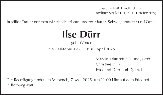 Traueranzeige von Ilse Dürr von Stuttgarter Zeitung / Stuttgarter Nachrichten
