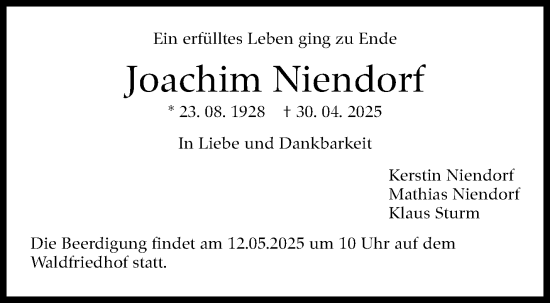 Traueranzeige von Joachim Niendorf von Stuttgarter Zeitung / Stuttgarter Nachrichten