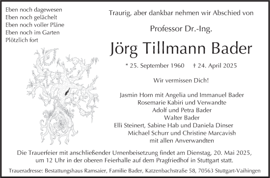 Traueranzeige von Jörg Tillmann Bader von Stuttgarter Zeitung / Stuttgarter Nachrichten