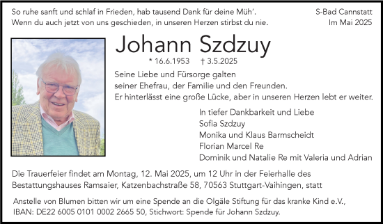 Traueranzeige von Johann Szdzuy von Stuttgarter Zeitung / Stuttgarter Nachrichten