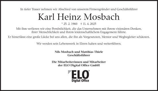 Traueranzeige von Karl Heinz Mosbach von Stuttgarter Zeitung / Stuttgarter Nachrichten