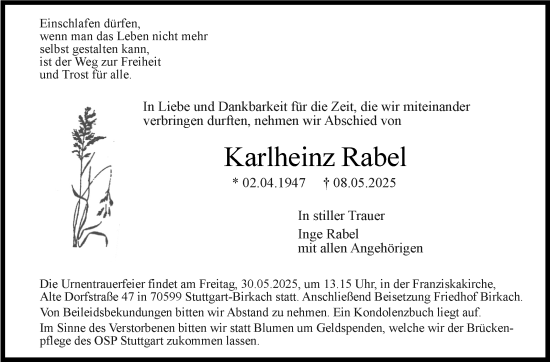 Traueranzeige von Karlheinz Rabel von Stuttgarter Zeitung / Stuttgarter Nachrichten