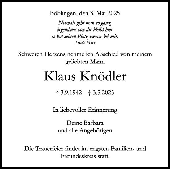 Traueranzeige von Klaus Knödler von Stuttgarter Zeitung / Stuttgarter Nachrichten