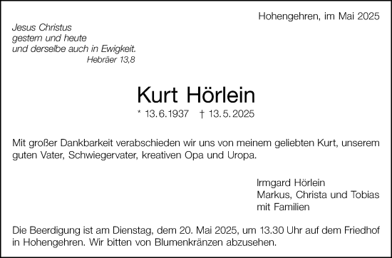 Traueranzeige von Kurt Hörlein von Stuttgarter Zeitung / Stuttgarter Nachrichten