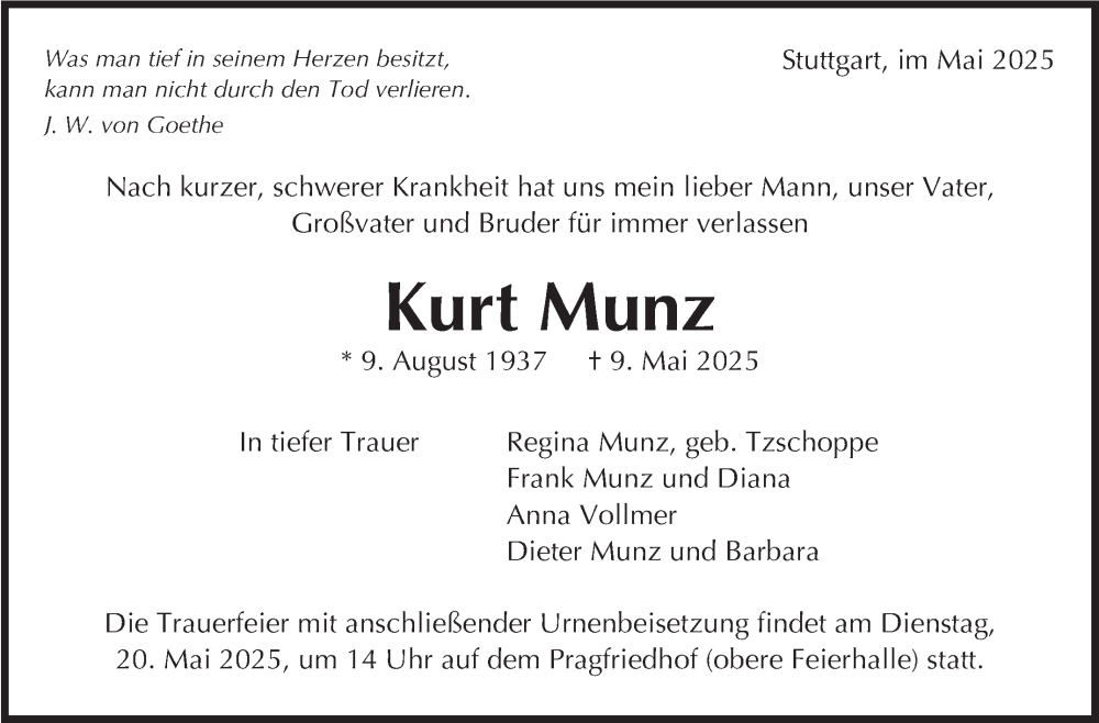  Traueranzeige für Kurt Munz vom 17.05.2025 aus Stuttgarter Zeitung / Stuttgarter Nachrichten