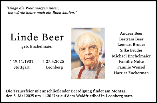 Traueranzeige von Linde Beer von Stuttgarter Zeitung / Stuttgarter Nachrichten