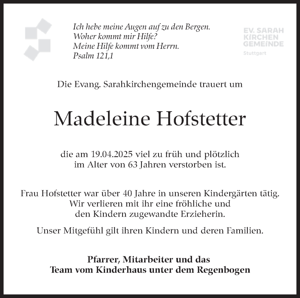  Traueranzeige für Madeleine Hofstetter vom 05.05.2025 aus Stuttgarter Zeitung / Stuttgarter Nachrichten