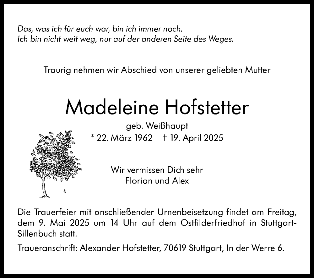  Traueranzeige für Madeleine Hofstetter vom 03.05.2025 aus Stuttgarter Zeitung / Stuttgarter Nachrichten