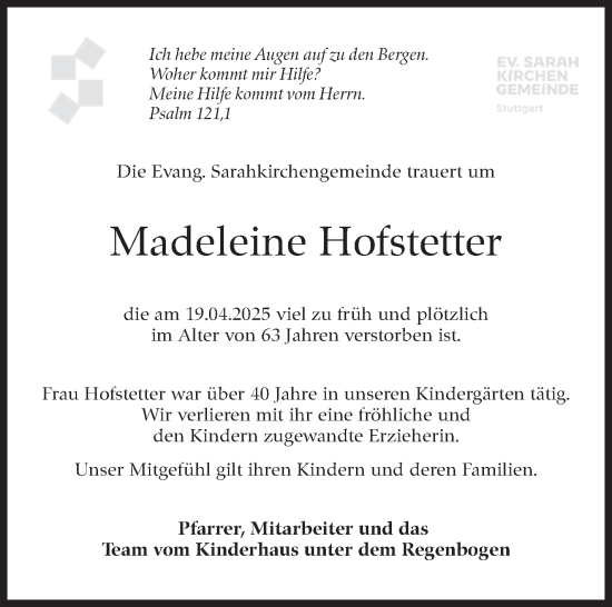 Traueranzeige von Madeleine Hofstetter von Stuttgarter Zeitung / Stuttgarter Nachrichten