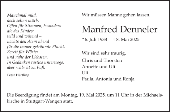 Traueranzeige von Manfred Denneler von Stuttgarter Zeitung / Stuttgarter Nachrichten